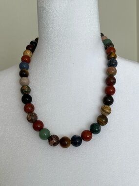 Multicolor gemstone ball beaded necklace toggle clasp silver tone black 20”